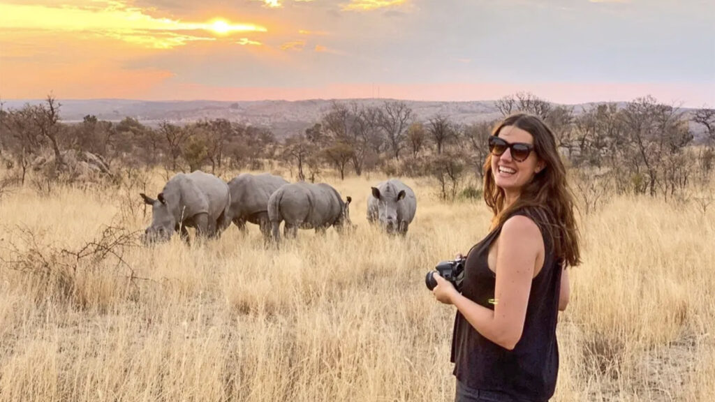 Reisende mit Kamera Nashörner bei Sonnenuntergang