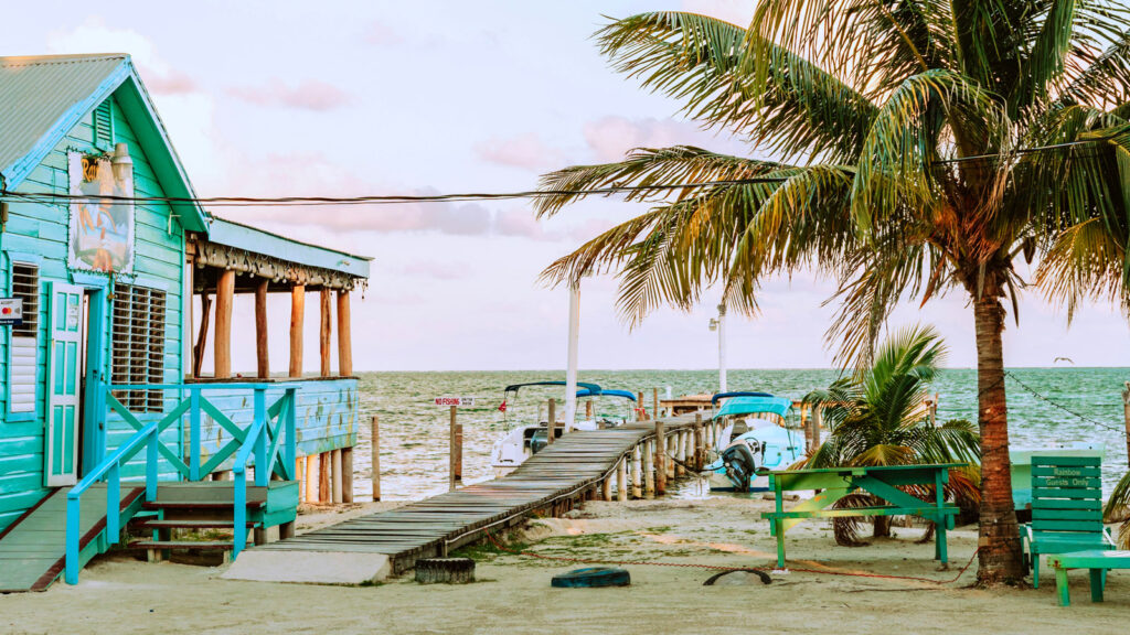 Strand, Palme, Haus auf Caye Caulker