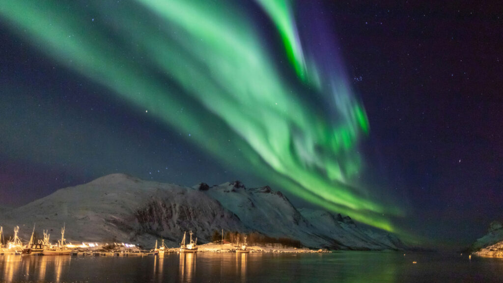 Polarlichter über Hafen in Tromsø