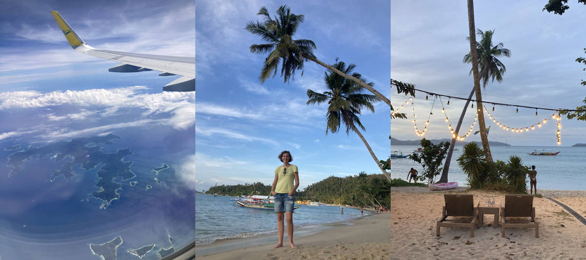 Port Barton – Collage aus Hinflug, Strand und Strandbar