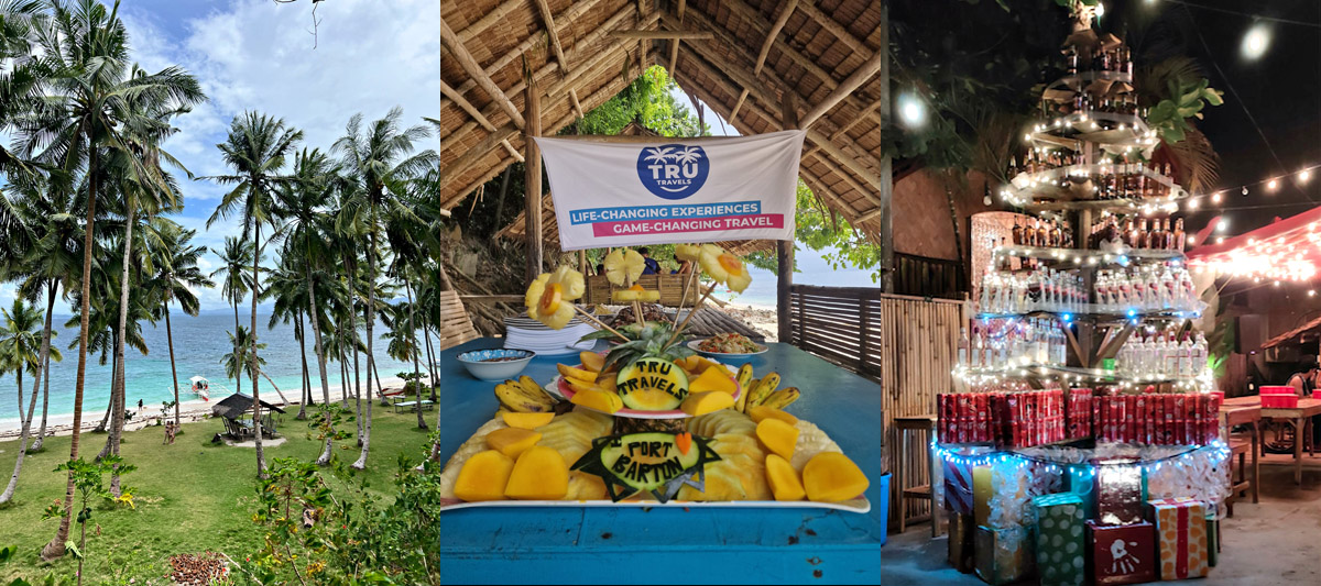 Port Barton Inselhüpfen – Collage aus Strand, Früchtebuffet und Weihnachtsbaum