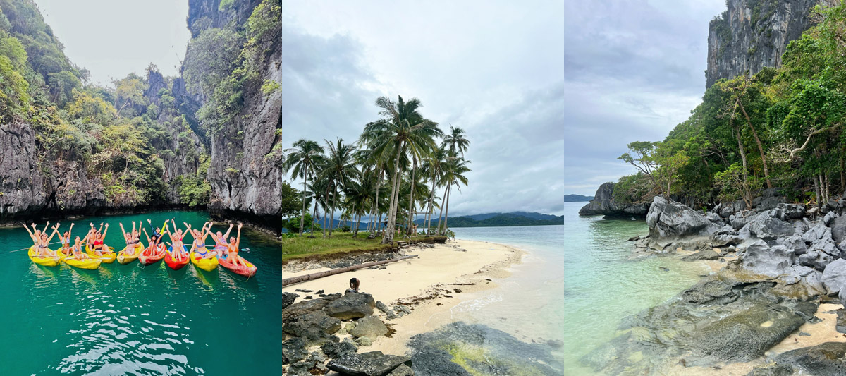 Collage aus Gruppe Kajaks, einsamer Strand und Felsenküste
