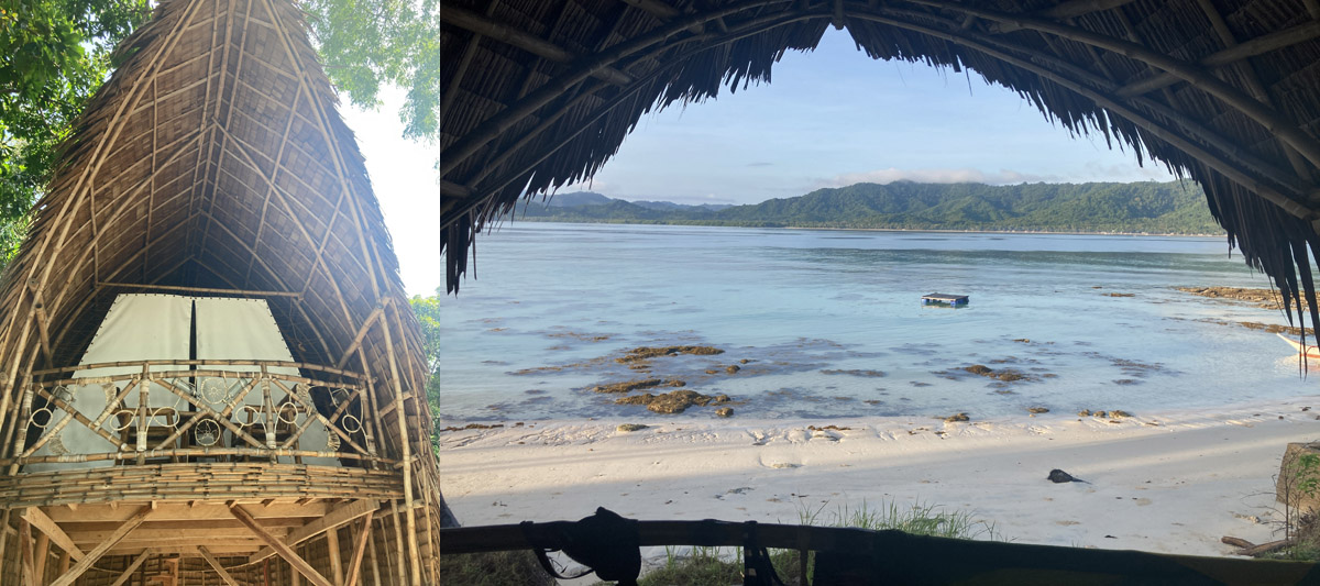 Stelzenhütte mit Ausblick auf Strand und Meer