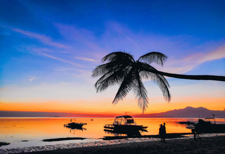 Farbintensiver Sonnenuntergang am Strand mit Booten und Palme