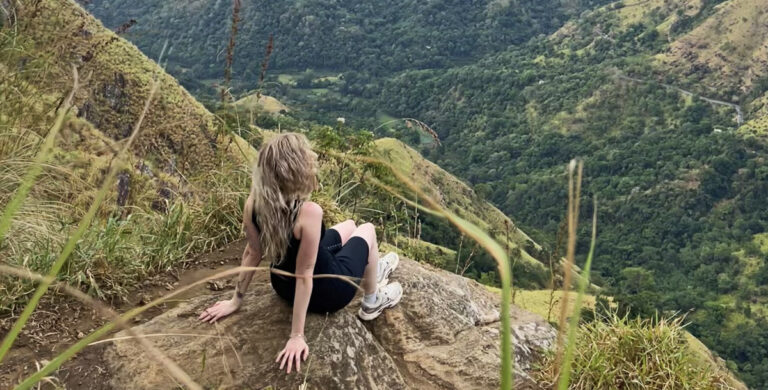 Reisende blickt auf das grüne Tal