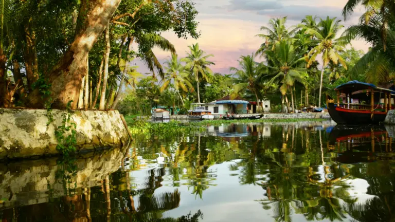 Tropische Backwaters in Kerala mit Palmen, Hausbooten und Lagunenlandschaft – Abenteuerreise quer durch Indien für junge Leute