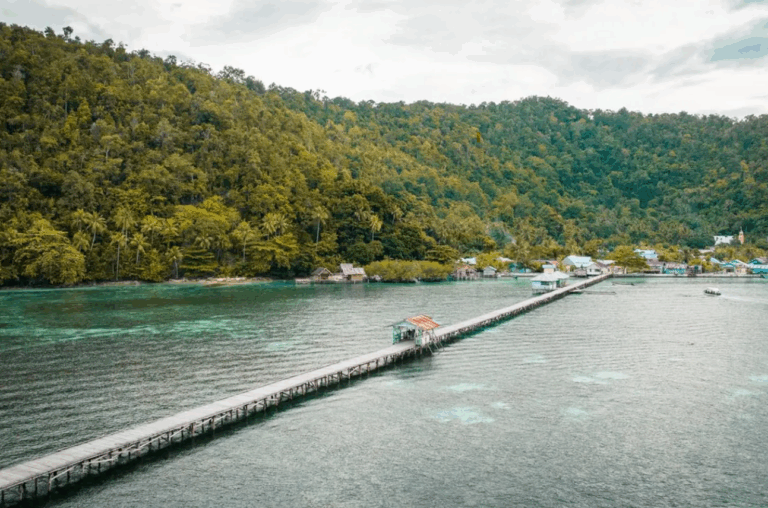 Langer Holzsteg führt zu einem kleinen Dorf auf einer Insel in Raja Ampat, Indonesien – authentische Begegnungen im Raja Ampat Urlaub