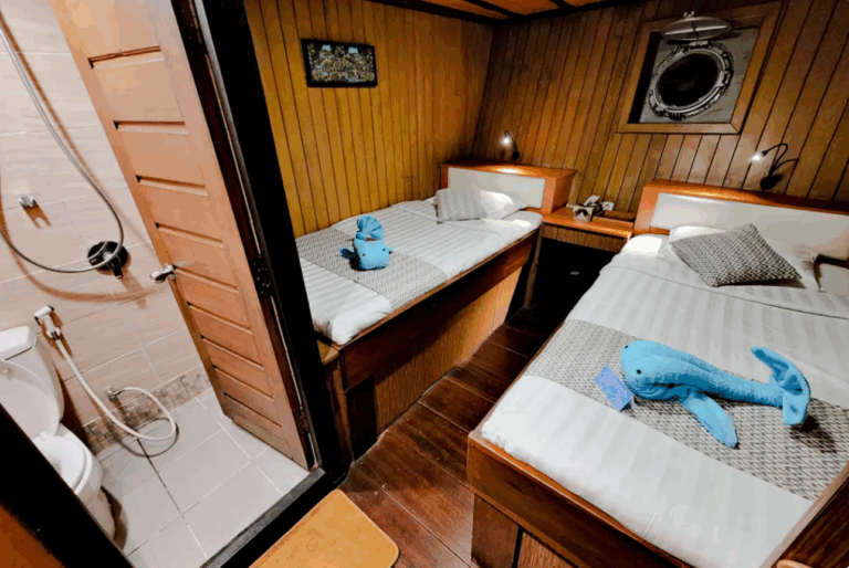 Gemütliche Doppelkabine mit Bad auf einem Segelschiff in Raja Ampat, Indonesien – komfortable Unterkunft beim Raja Ampat Urlaub unter Segeln