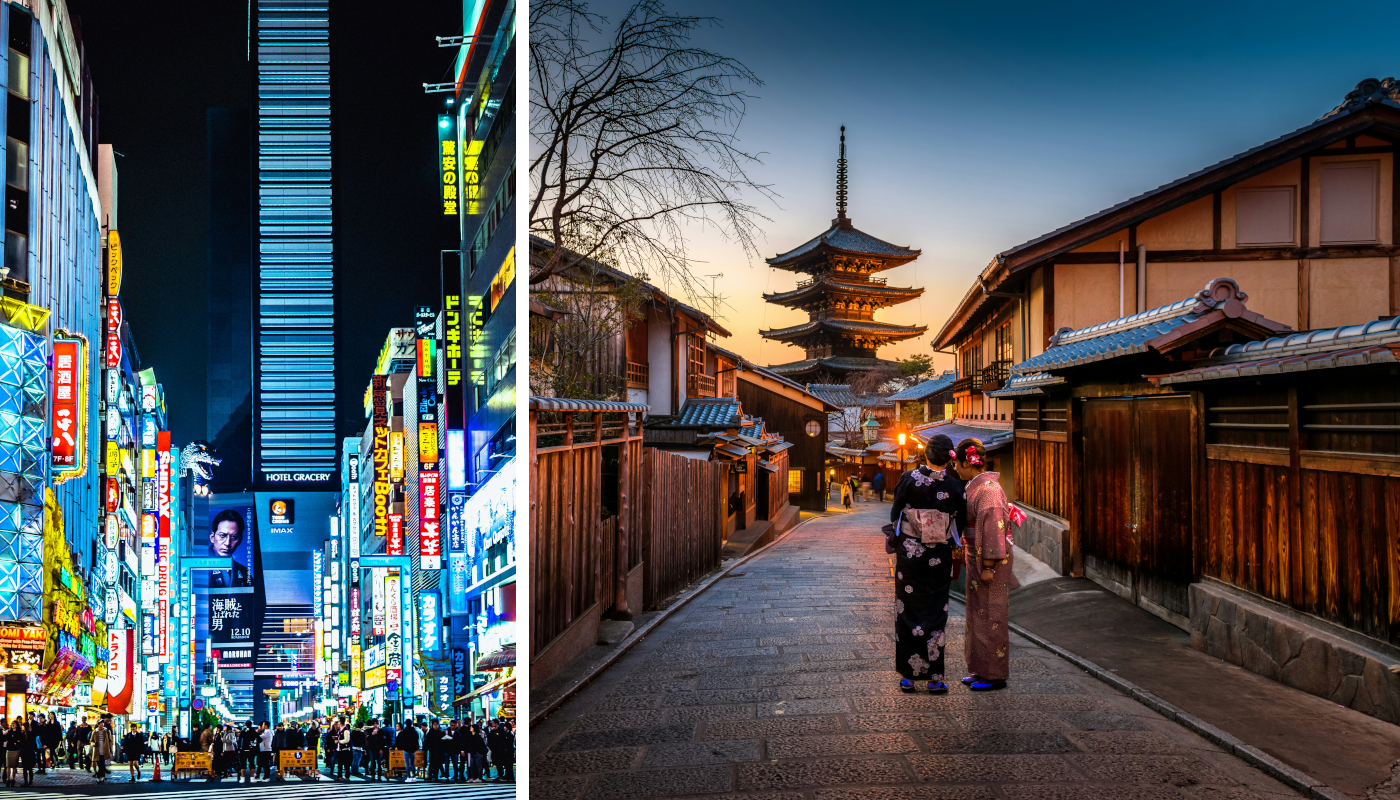 Geishas und Tokio bei Nacht als Beispiel für Gruppenreisen junge Leute und kulturelle Reisen