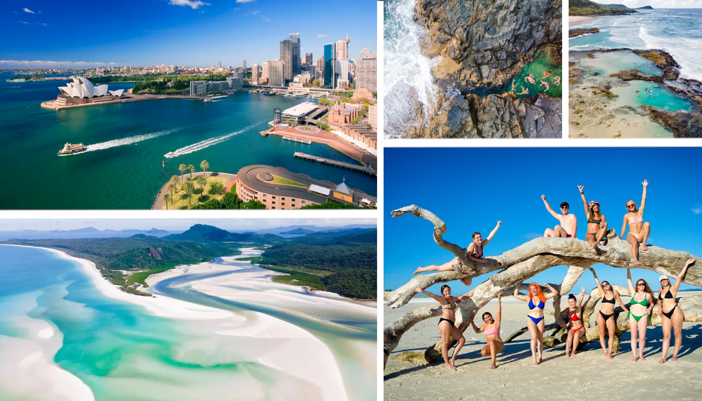 Junge Erwachsene auf einer Gruppenreise in Australien mit Sydney Skyline, Stränden und Natur als Beispiel für Gruppenreisen junge Leute und junge Erwachsene Reisen in Ozeanien