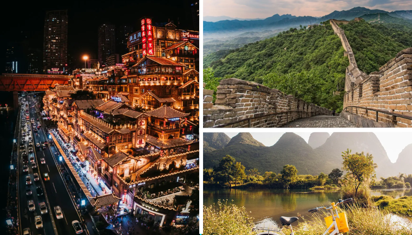 Junge Erwachsene auf einer Gruppenreise in China mit Großer Mauer, moderner Stadt und Landschaft als Beispiel für Gruppenreisen junge Leute und junge Erwachsene Reisen in Asien