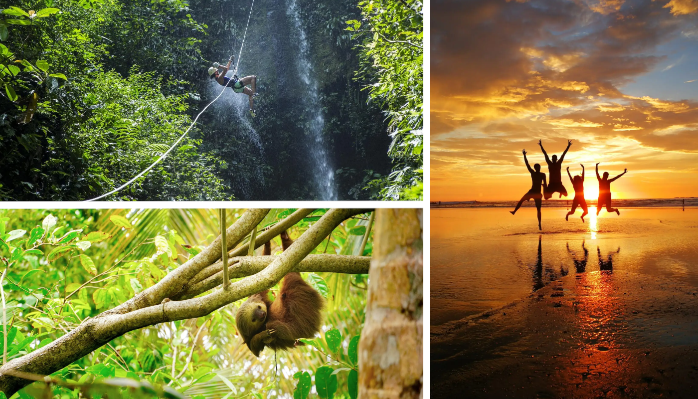 Junge Erwachsene beim Abenteuer im Regenwald von Costa Rica mit Wasserfall und Faultier als Beispiel für Gruppenreisen junge Leute und junge Erwachsene Reisen in Mittelamerika