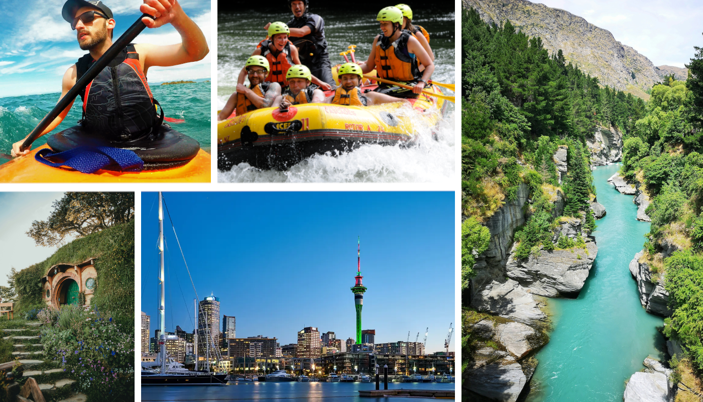 Junge Erwachsene bei Outdoor Aktivitäten wie Kajak und Rafting in Neuseeland als Beispiel für Gruppenreisen junge Leute und junge Erwachsene Reisen in Ozeanien