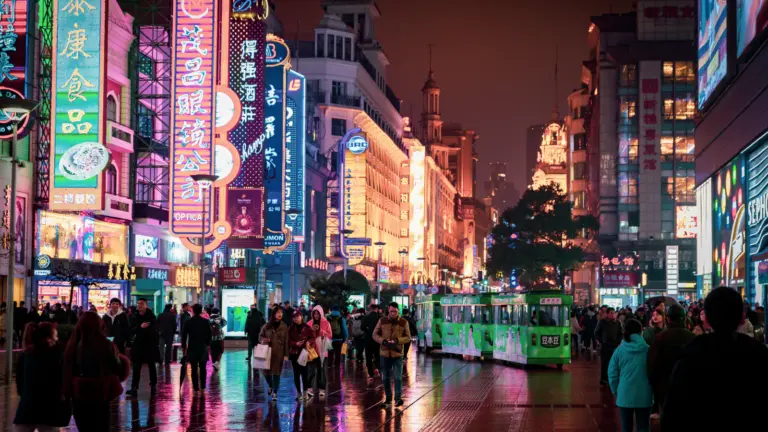 Belebte Nanjing Road in Shanghai bei Nacht mit Neonlichtern, Geschäften und vielen Menschen