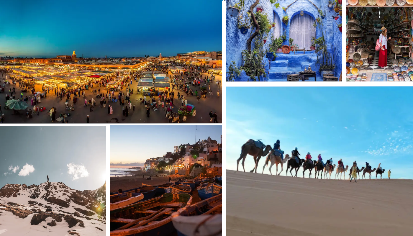 Junge Erwachsene auf einer Gruppenreise in Marokko mit Marrakesch Markt, Sahara Wüste und Atlasgebirge als Beispiel für Gruppenreisen junge Leute und junge Erwachsene Reisen in Nordafrika