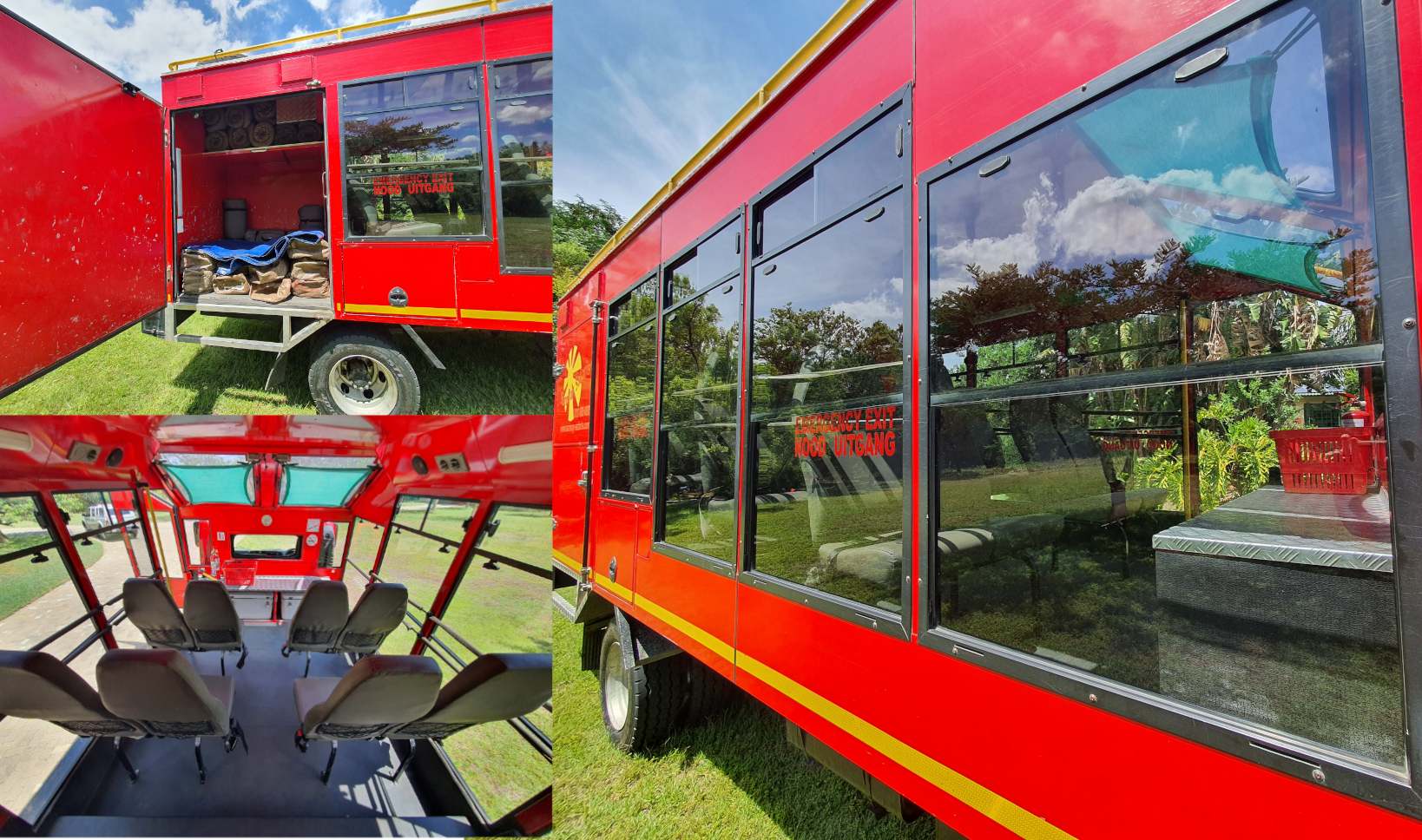 /Roter Safari Truck mit Panoramafenstern und Innenraum für Safaris durch Nationalparks in Namibia