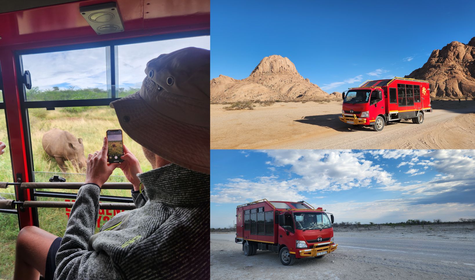 /Reisender fotografiert Nashorn aus Safari Truck während Safari im Etosha Nationalpark Namibia