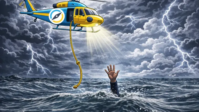 Illustration eines Rettungshubschraubers über stürmischem Meer als Symbol für Sicherheit und Unterstützung auf organisierten Gruppenreisen