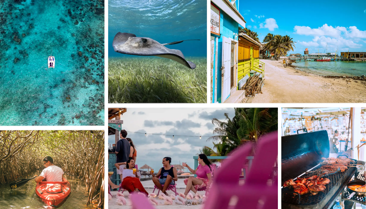 Junge Erwachsene auf Gruppenreise in Belize mit Korallenriff, Mangroven, Strand und karibischem Dorf