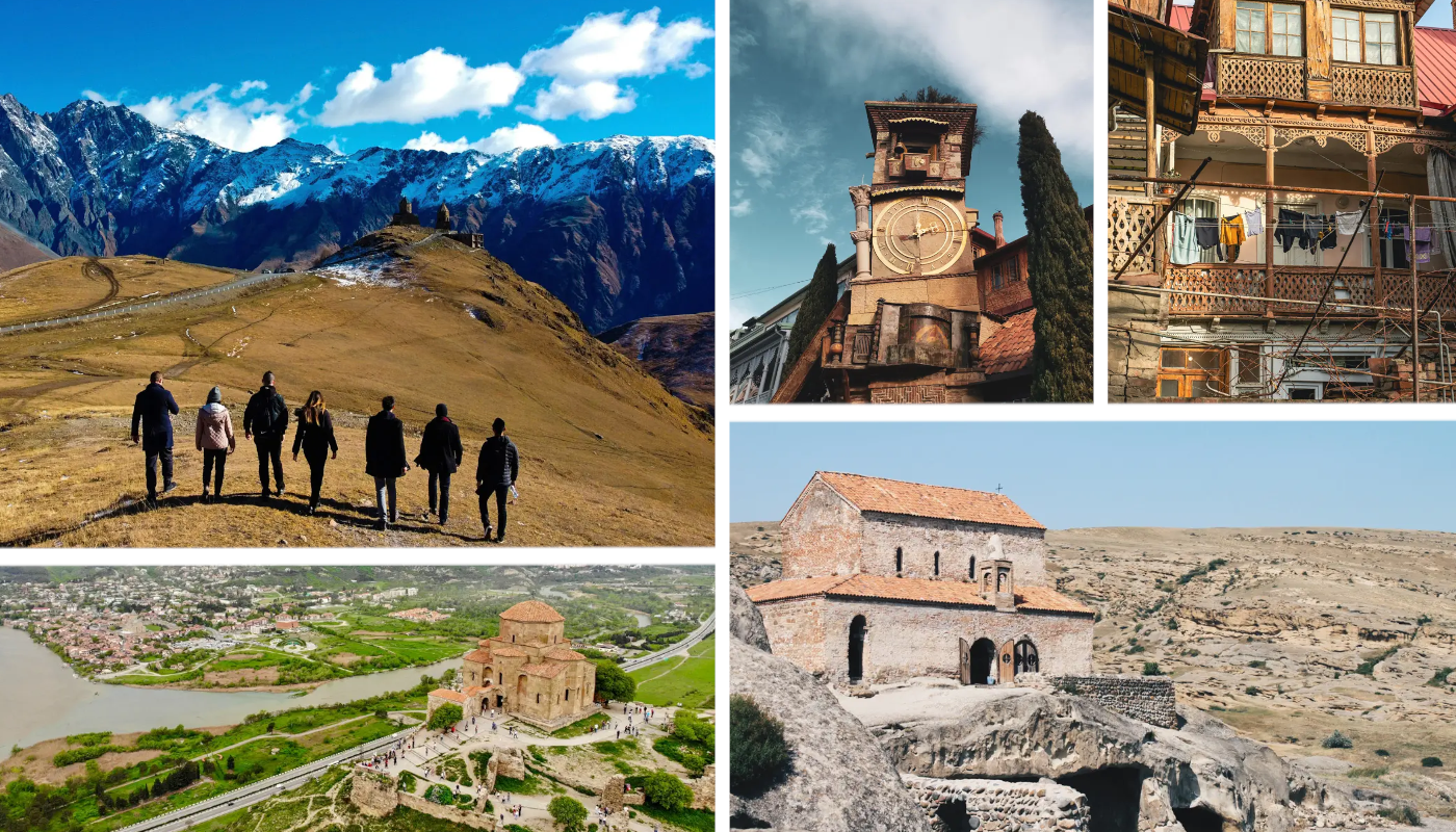 Junge Erwachsene auf Gruppenreise in Georgien mit Bergen im Kaukasus, Tiflis und historischen Klöstern