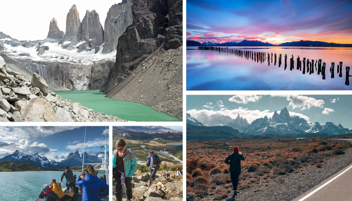 Junge Erwachsene auf Gruppenreise in Patagonien mit Bergen, Gletschersee und Trekking im Torres del Paine Nationalpark in Chile