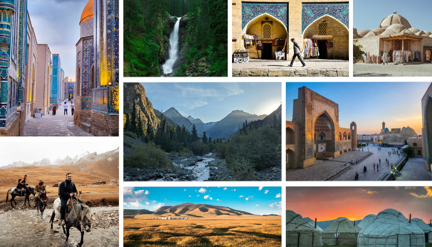 Junge Erwachsene auf Gruppenreise in Zentralasien mit Jurten, Bergen und historischen Städten wie Samarkand in Usbekistan