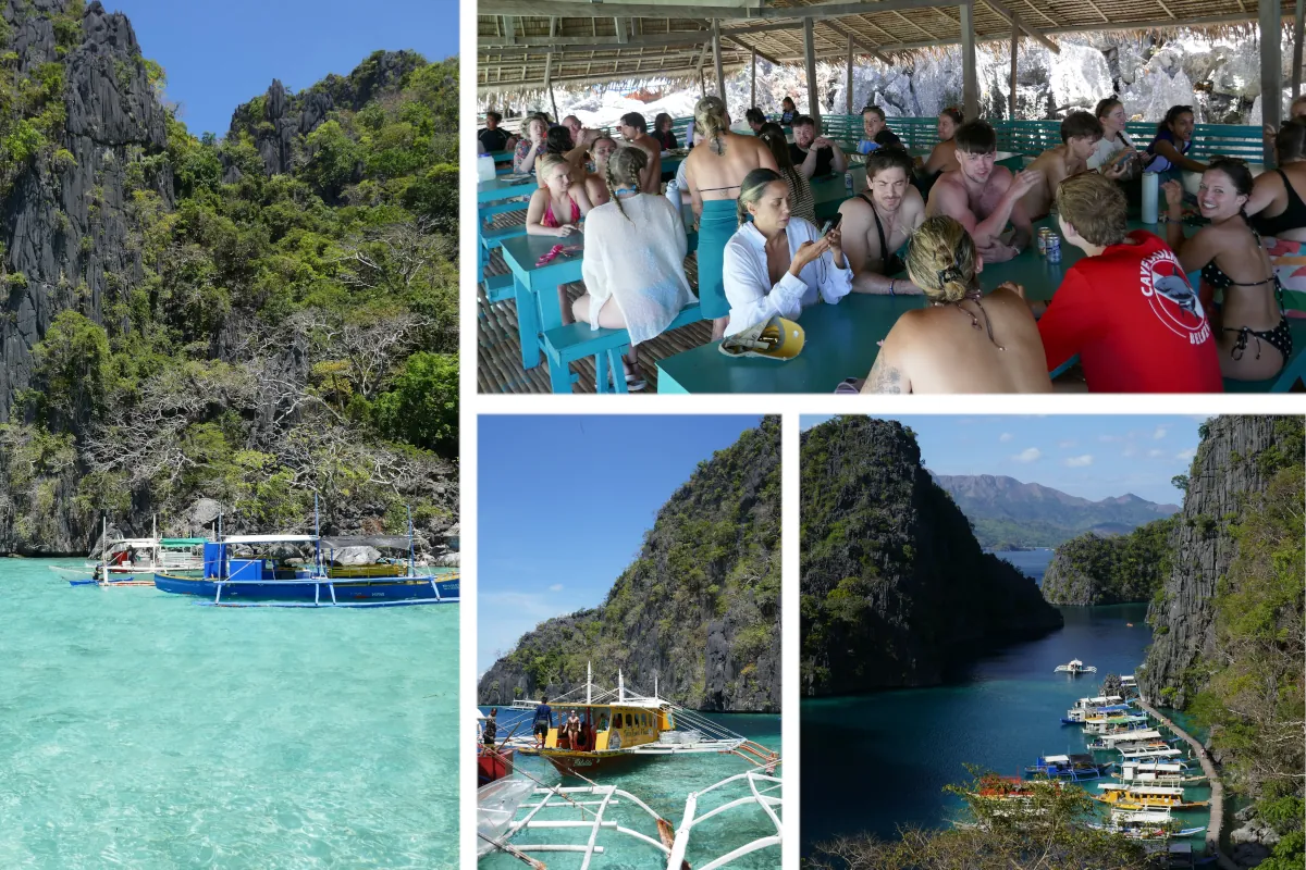 Boote und Reisegruppe beim Inselhopping in Coron auf Palawan in den Philippinen