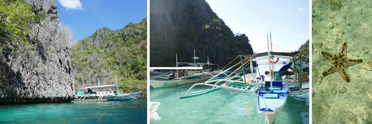 Traditionelle Boote in den Lagunen von Coron auf Palawan beim Inselhopping