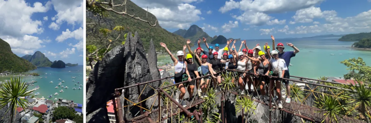 Reisegruppe beim Canopy Walk mit Aussicht auf El Nido und die Bucht von Palawan