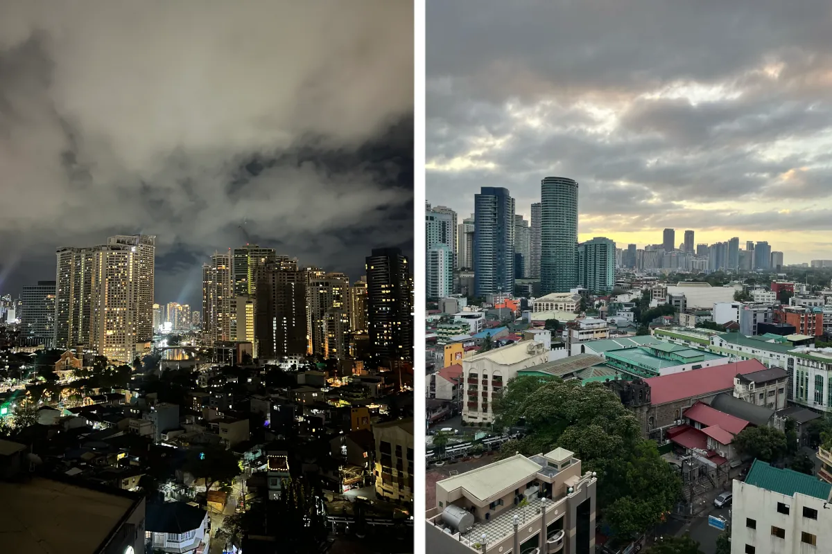 Skyline von Manila auf Luzon mit Hochhäusern bei Tag und Nacht in den Philippinen