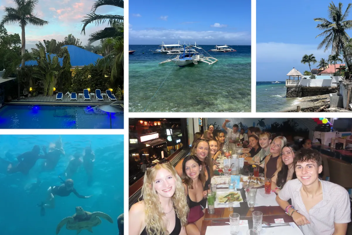 Hotel, Boote und Reisegruppe in Moalboal auf Cebu in den Philippinen
