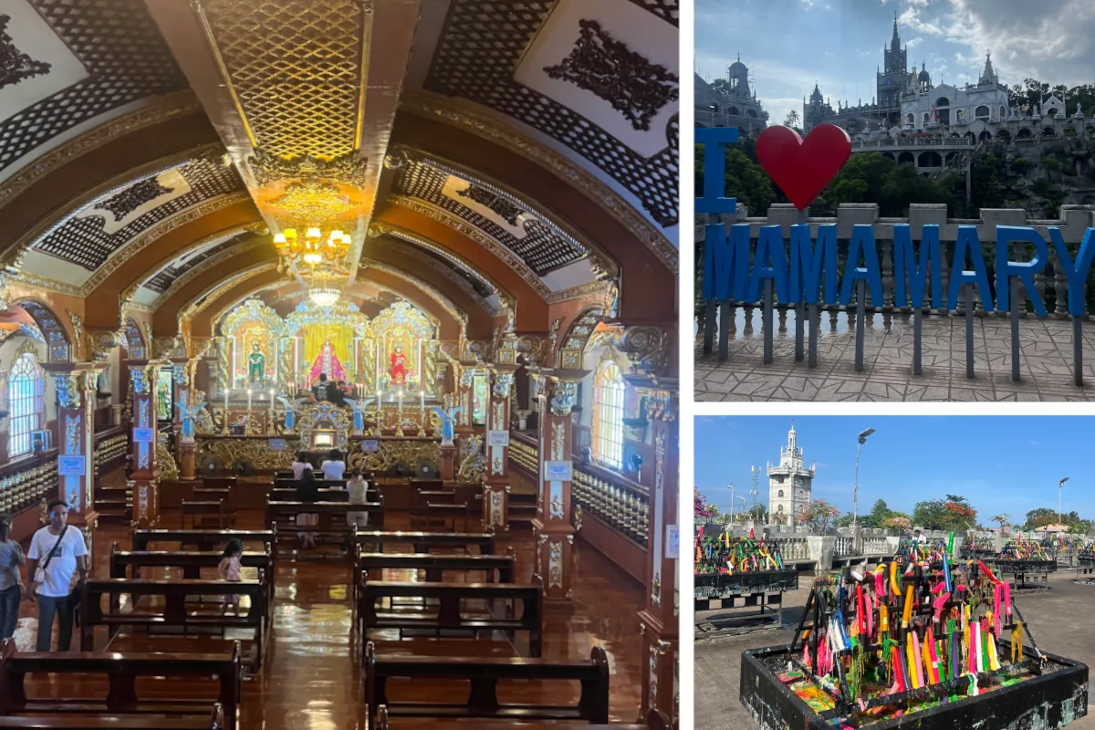 Innenraum und Außenansicht der Simala Kirche auf Cebu in den Philippinen