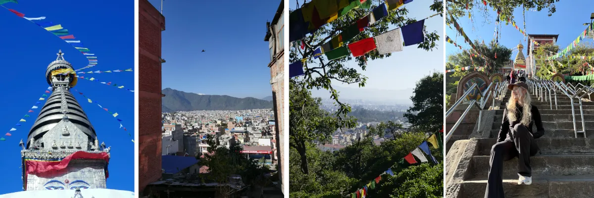 Swayambhunath Stupa und Aussicht über Kathmandu in Nepal mit Gebetsfahnen