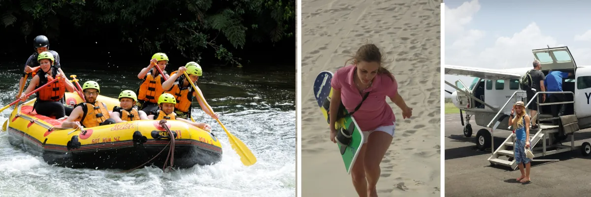 Junge Frau auf Abenteuerreise mit Rafting, Sandboarding und Inlandsflug während einer Solo Reise