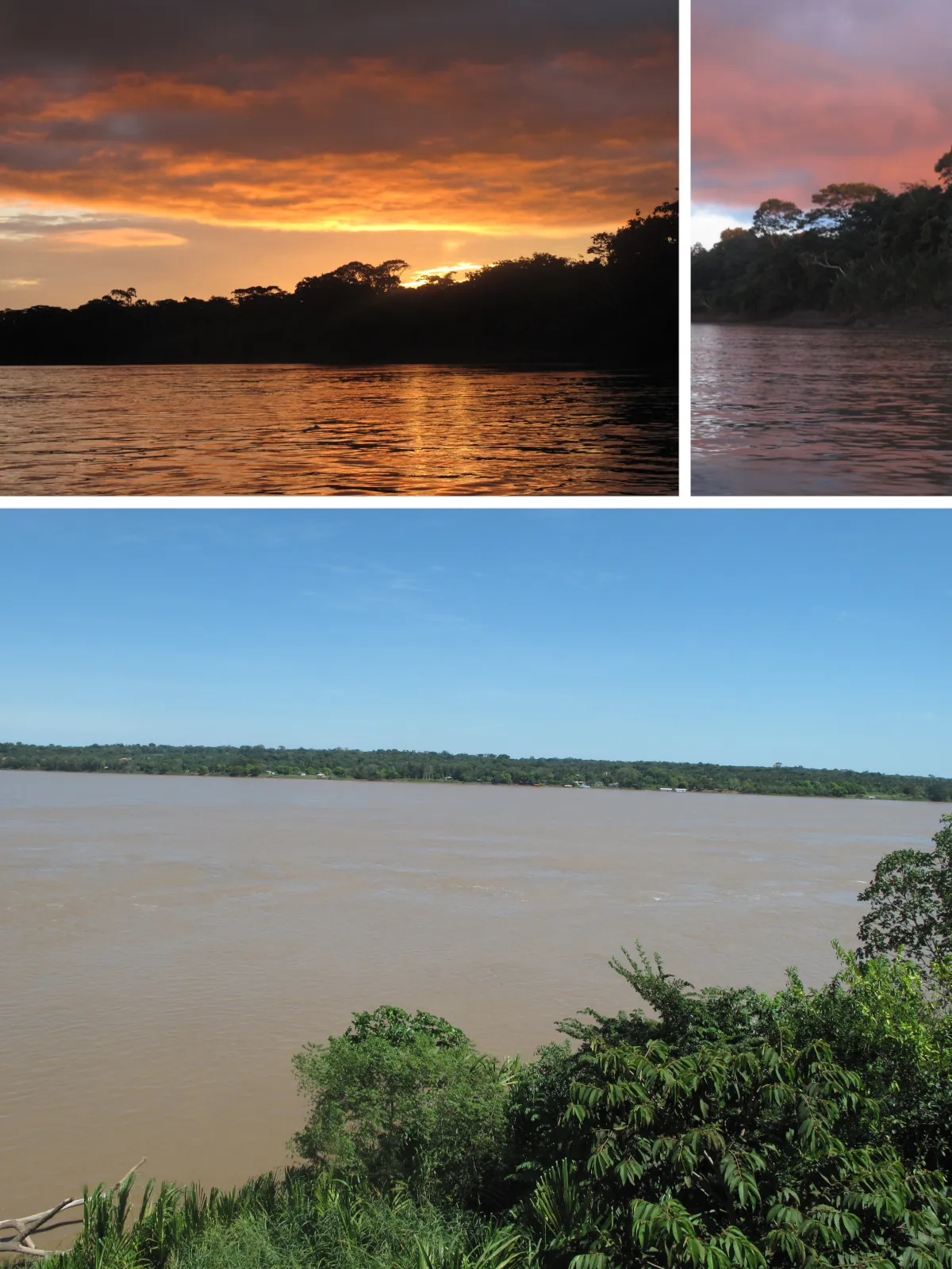Collage mit Sonnenuntergang über dem Amazonas und weitem Blick auf den mächtigen Fluss während der Hochwasserzeit in Peru