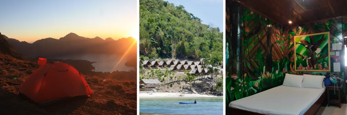 Vergleich verschiedener Unterkunftsarten auf Gruppenreisen mit Zeltcamp, Strandlodge und komfortablem Hotelzimmer