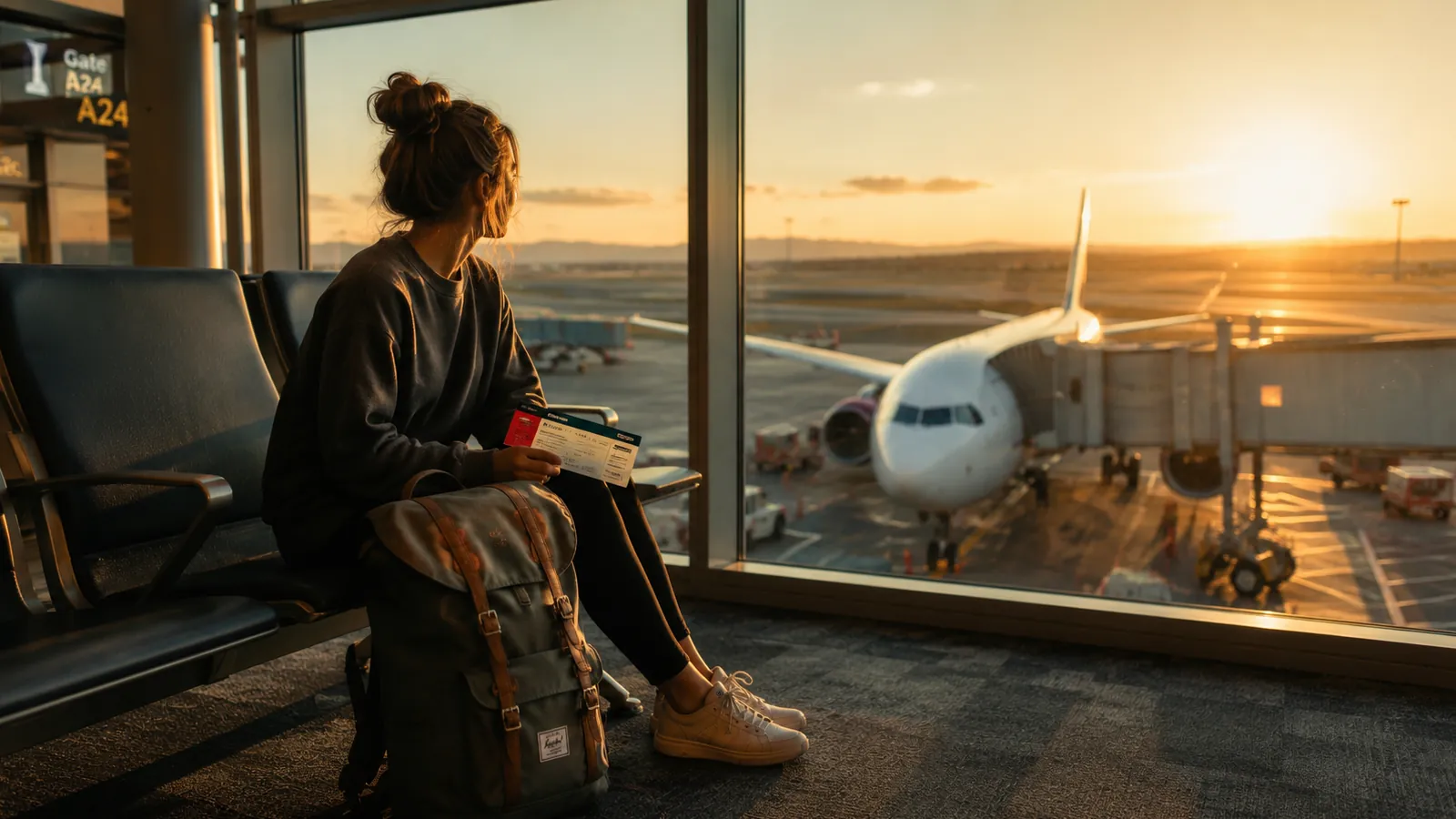 Junge Reisende sitzt mit Rucksack und Boarding Pass am Flughafen und blickt vor dem Abflug auf ihr Flugzeug