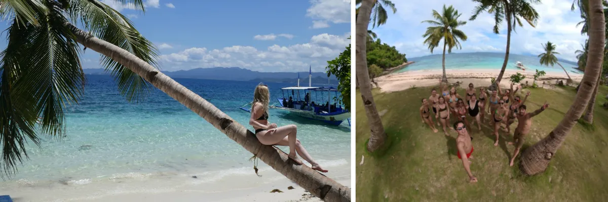 Vergleich zwischen Solo-Reisender am tropischen Strand und Reisegruppe auf einer Insel während einer Weltreise