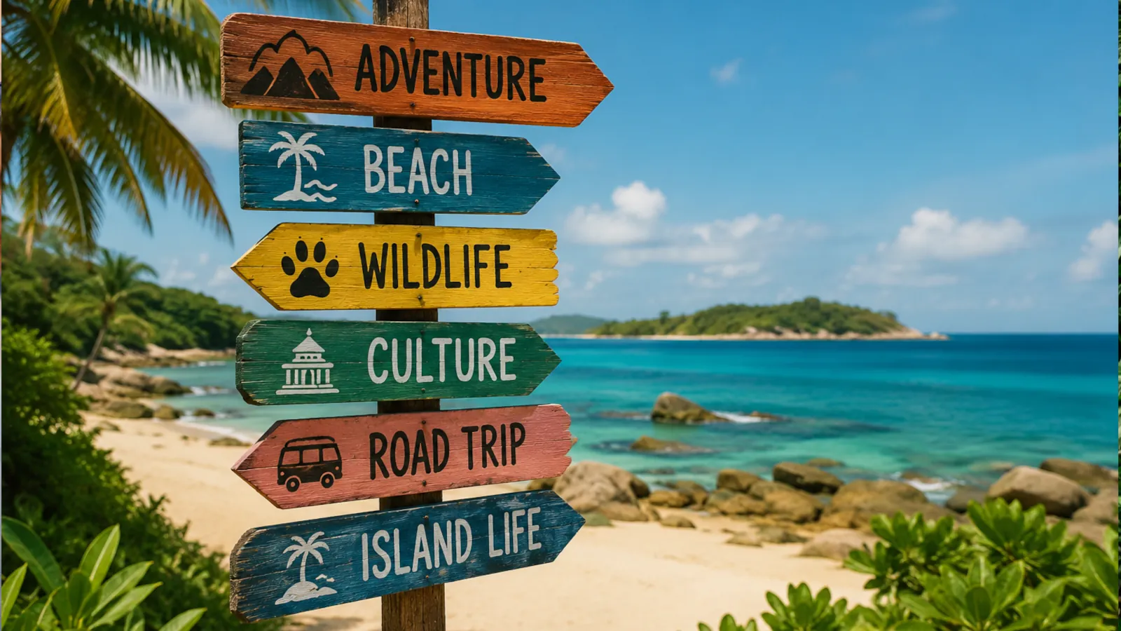 Wegweiser an einem tropischen Strand mit verschiedenen Reisestilen wie Adventure, Beach, Wildlife, Culture, Road Trip und Island Life