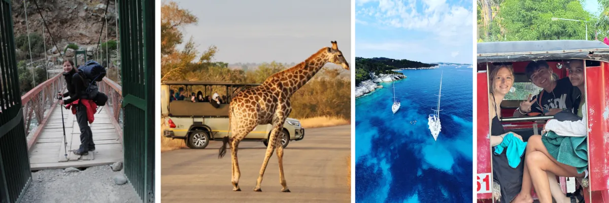 Collage mit Backpacking, Safari, Segelreise und lokalen Transportmitteln auf Weltreise
