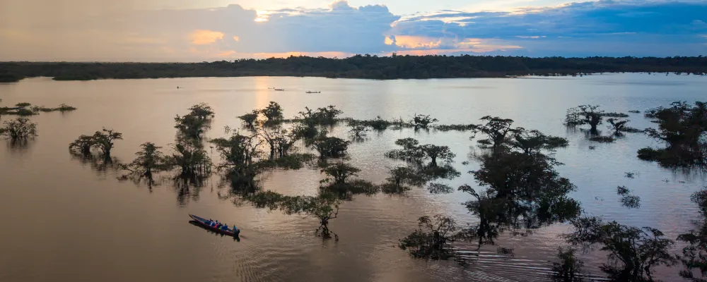 Sonnenuntergang über der Laguna Grande im Cuyabeno Wildlife Reserve in Ecuador mit überflutetem Regenwald und Einbaum