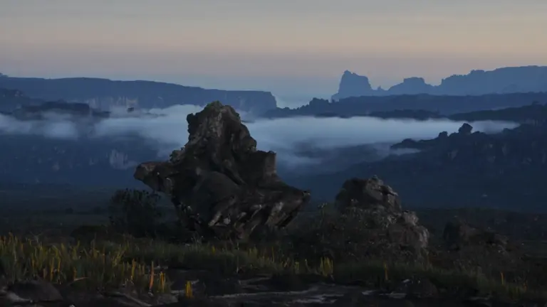 Felslandschaft auf dem Auyan Tepui mit Nebel zwischen den Tafelbergen im Canaima Nationalpark