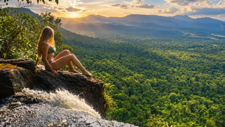Reisende am Auyan Tepui mit Blick über den dichten Regenwald und die Tafelberge im Canaima Nationalpark in Venezuela